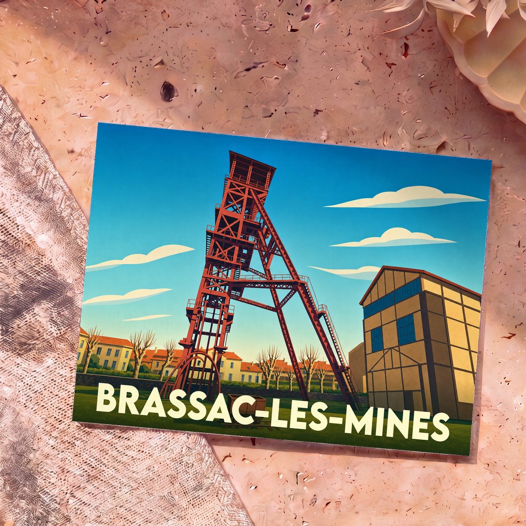 Carte postale souvenir de la ville de Brassac-les-Mines avec une illustration stylisée d'un chevalement de mine.