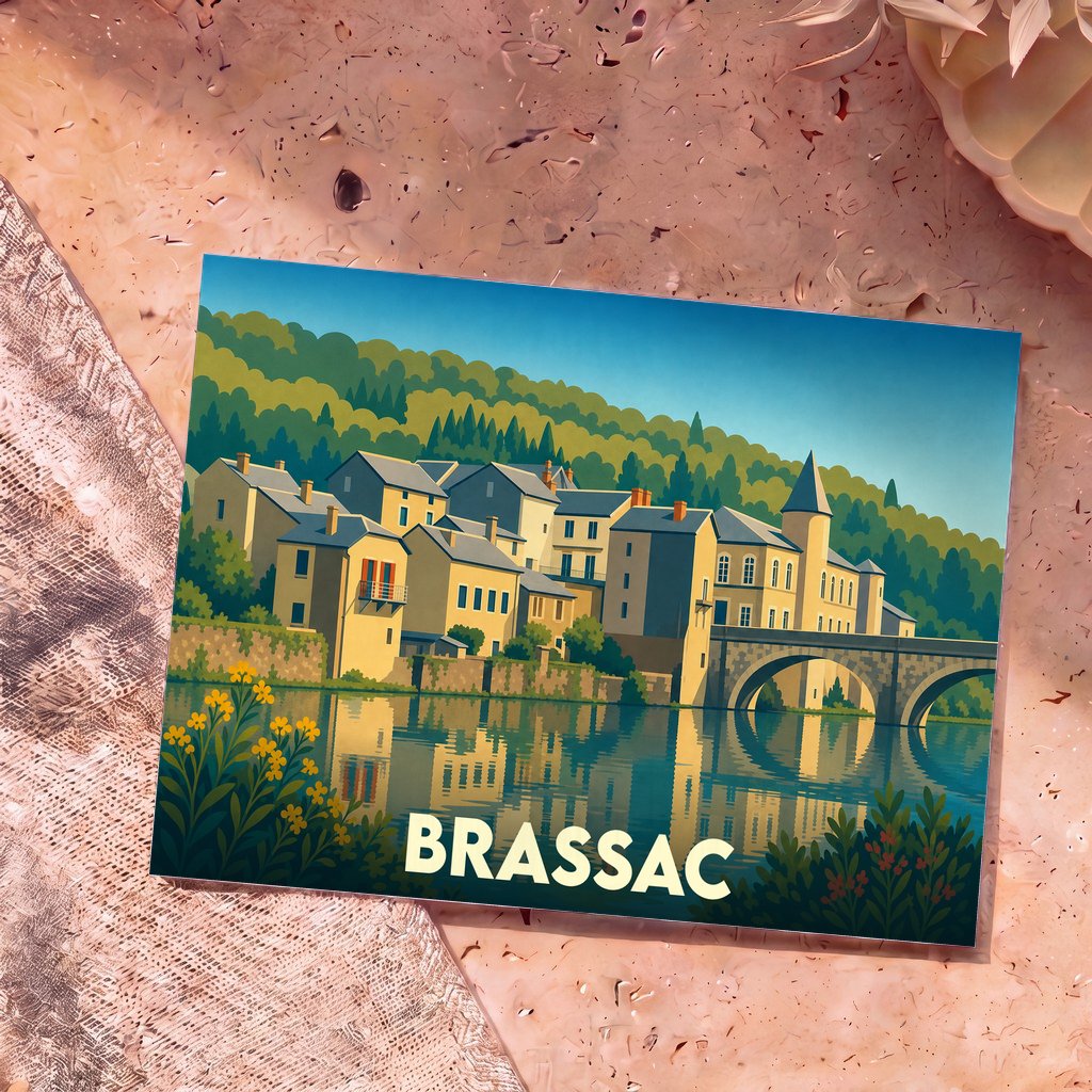 Carte postale souvenir de la ville de Brassac avec une illustration stylisée de ses maisons en bord de rivière.