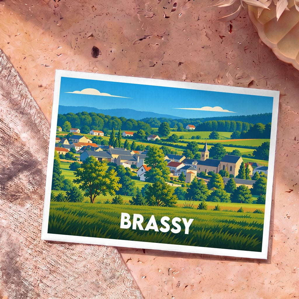 Carte postale souvenir de la ville de Brassy avec une illustration stylisée de son paysage vallonné.