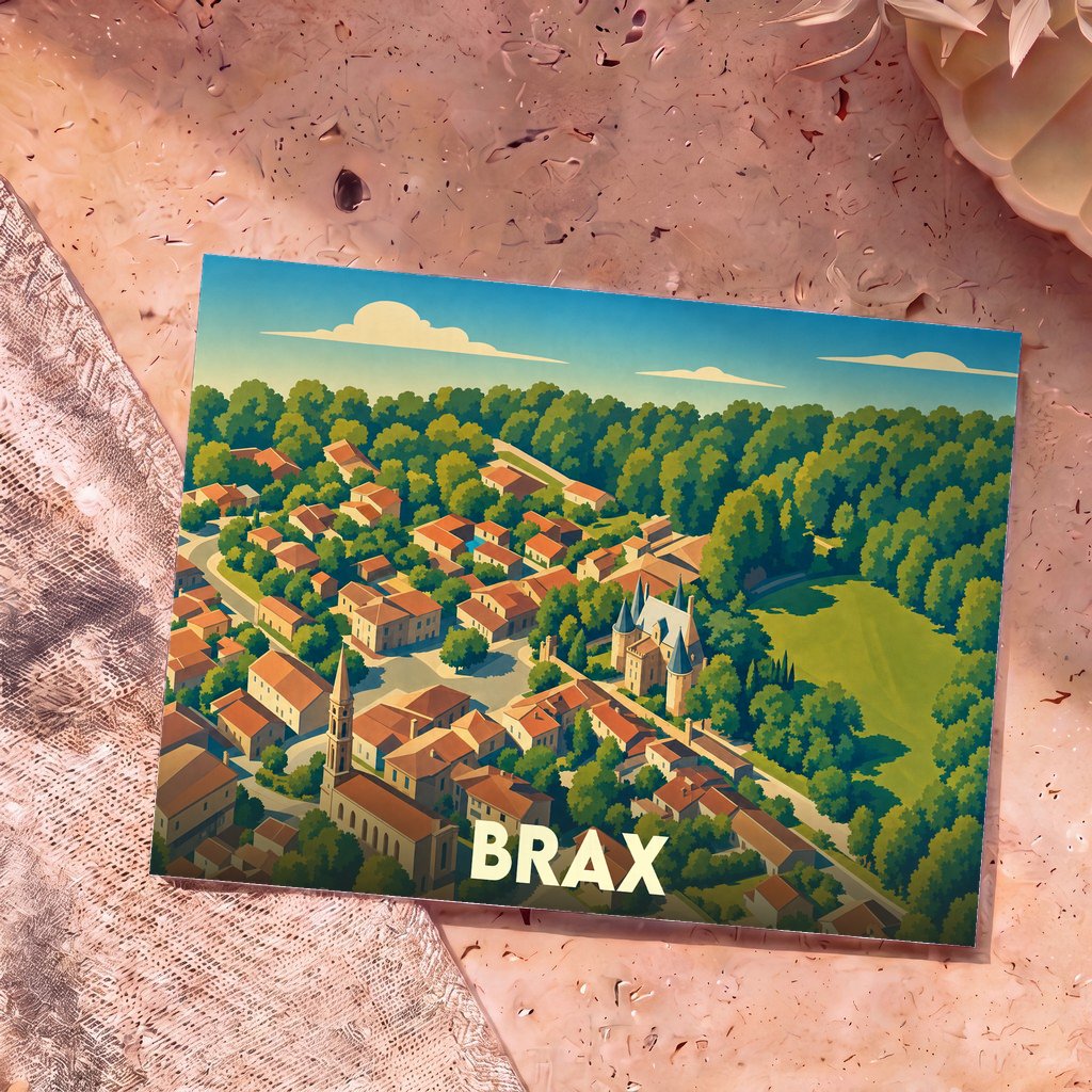 Carte postale souvenir de la ville de Brax avec une illustration stylisée et colorée vue du ciel.