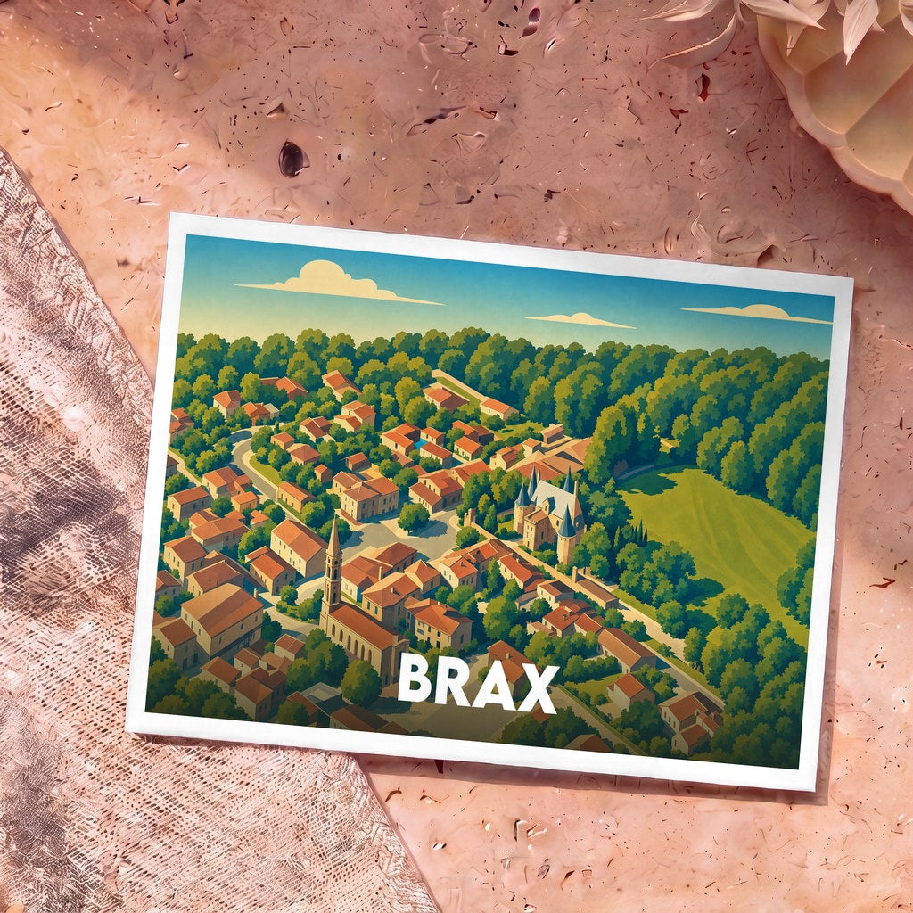 Carte postale souvenir de la ville de Brax avec une illustration stylisée et colorée vue du ciel.