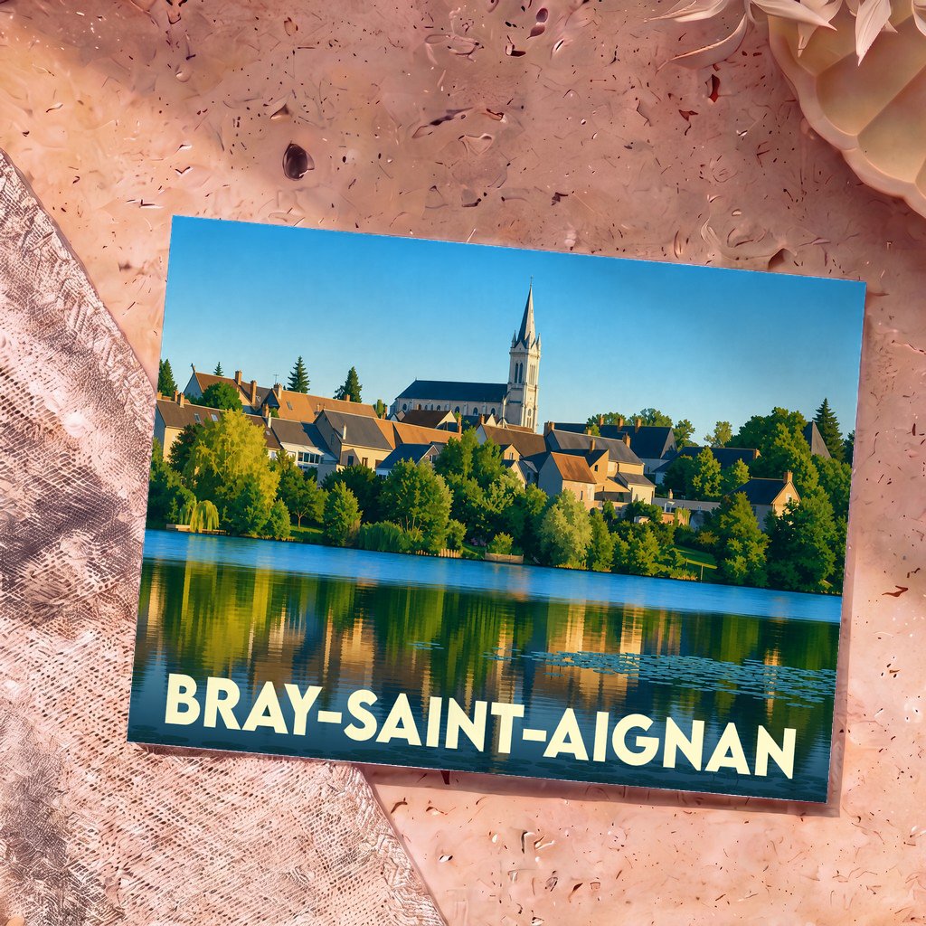 Carte postale souvenir de la commune de Bray-Saint-Aignan illustrant une vue paysagère du village au bord de l'eau.