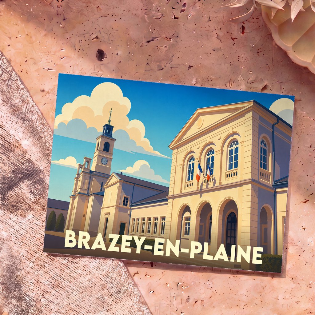Carte postale souvenir de la ville de Brazey-en-Plaine avec une illustration stylisée de son architecture.