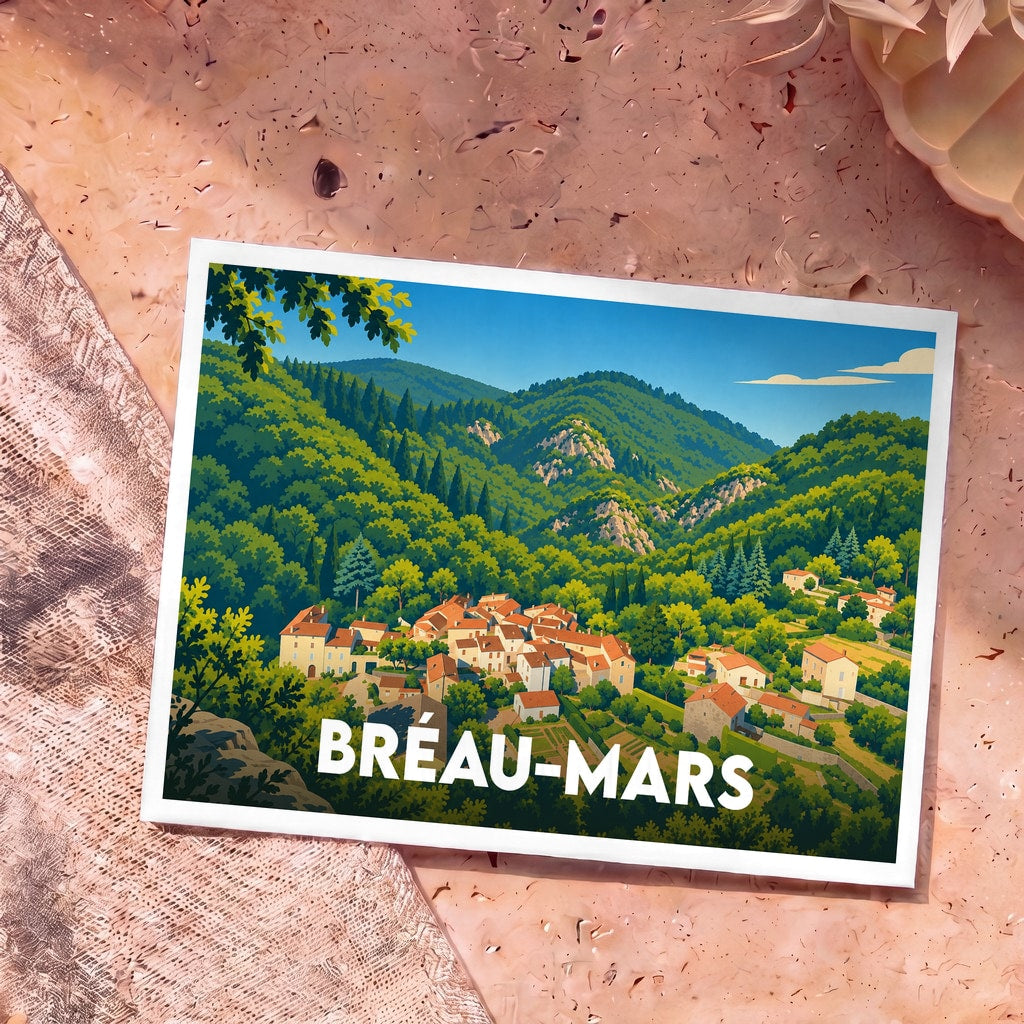 Carte postale souvenir de la ville de Bréau-Mars avec une illustration stylisée d'un village niché au cœur de montagnes verdoyantes.
