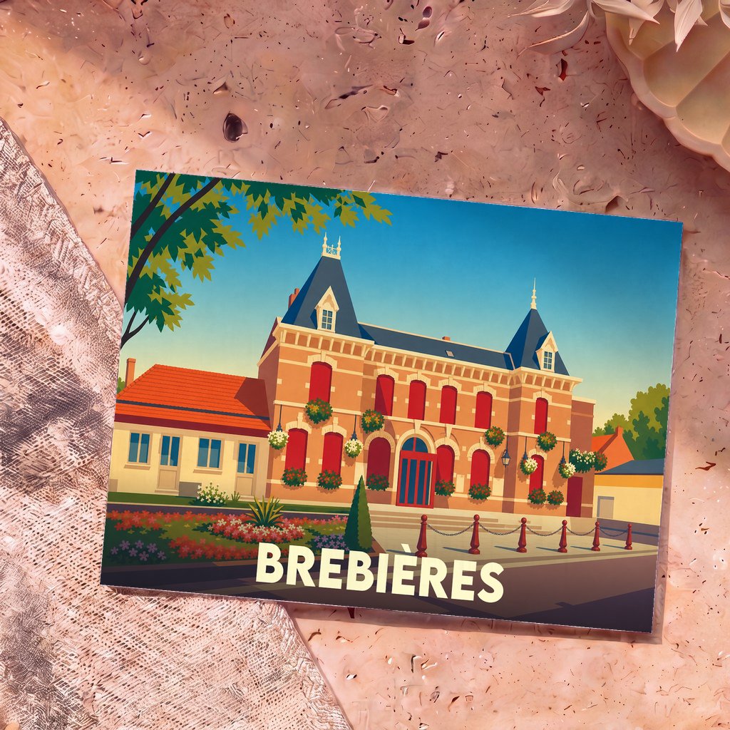 Carte postale souvenir de la ville de Brebières avec une illustration stylisée de son hôtel de ville.