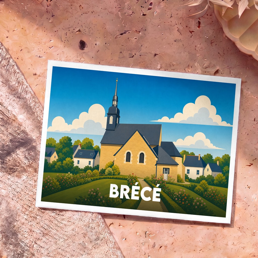Carte postale souvenir de la ville de Brécé avec une illustration stylisée de son église et de ses maisons.
