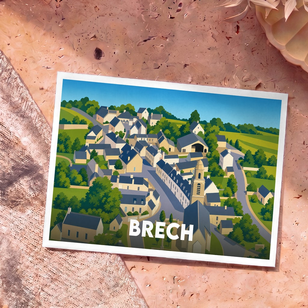 Carte postale souvenir de la ville de Brech avec une illustration stylisée et colorée de ses maisons et de son église.