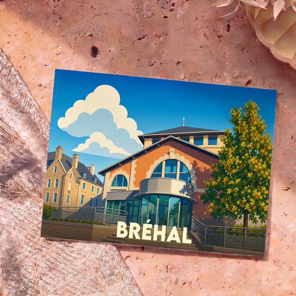 Carte postale souvenir de la ville de Bréhal illustrant son architecture locale dans un style graphique épuré.