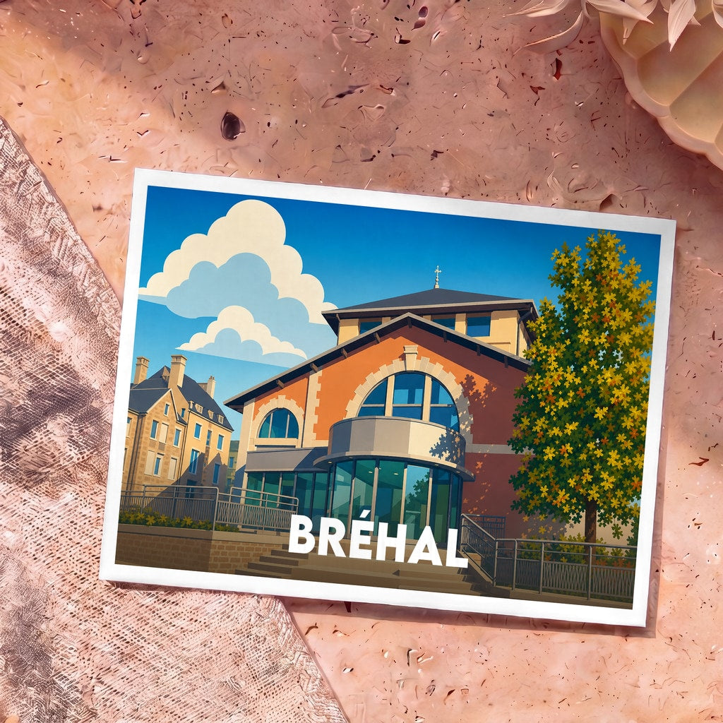 Carte postale souvenir de la ville de Bréhal illustrant son architecture locale dans un style graphique épuré.
