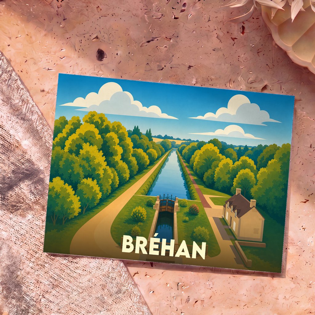 Carte postale souvenir de la ville de Bréhan illustrant un canal et son écluse dans un style graphique épuré.