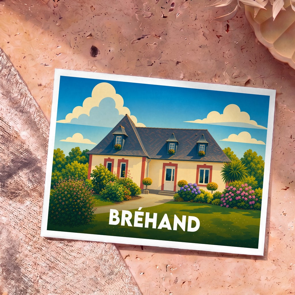 Carte postale souvenir de la ville de Bréhand avec une illustration stylisée d'une maison traditionnelle fleurie.