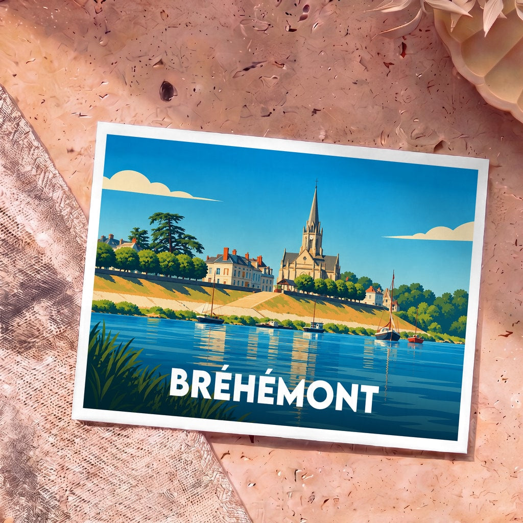 Carte postale souvenir de la ville de Bréhémont avec une illustration stylisée des bords de Loire.