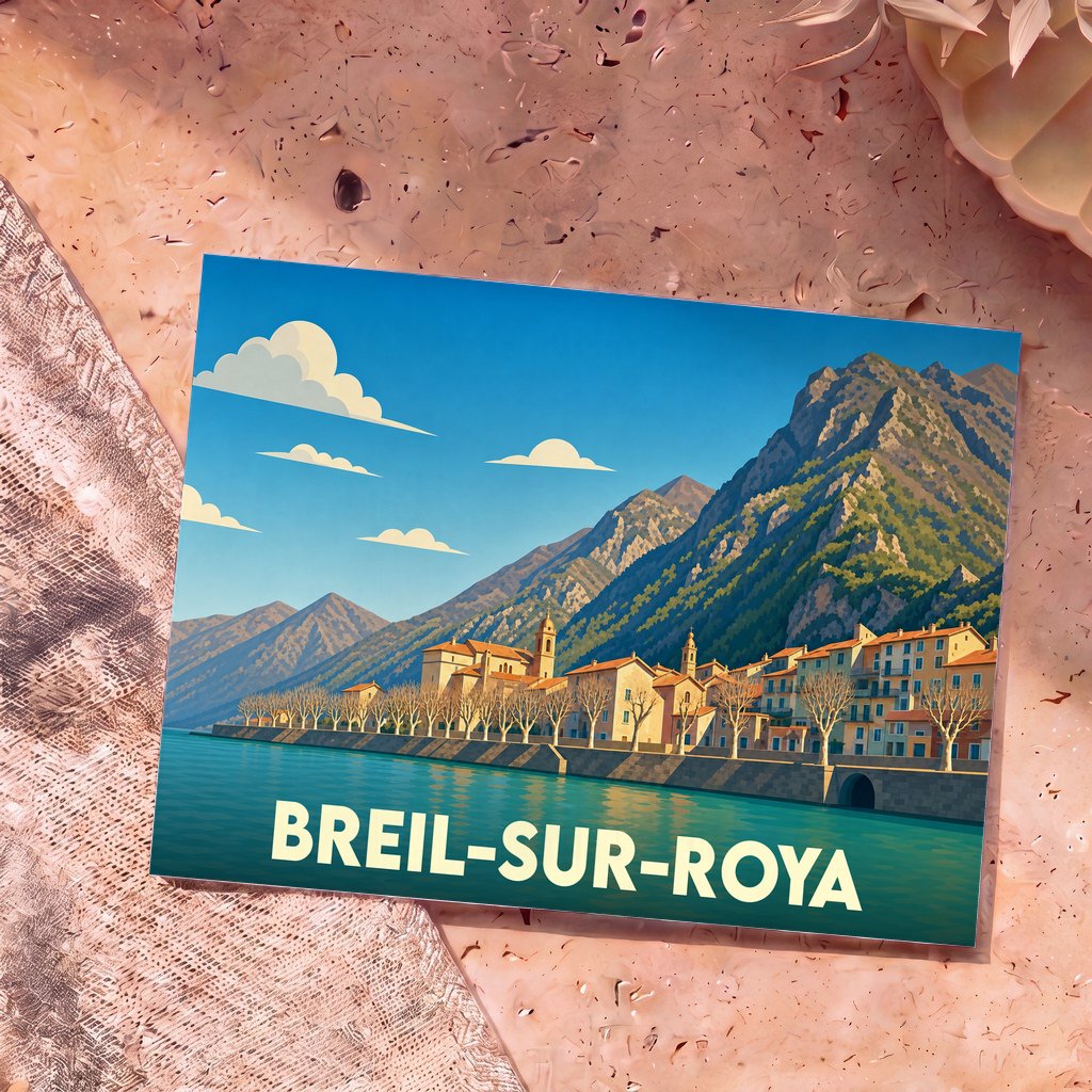 Carte postale souvenir de la ville de Breil-sur-Roya avec une illustration stylisée.
