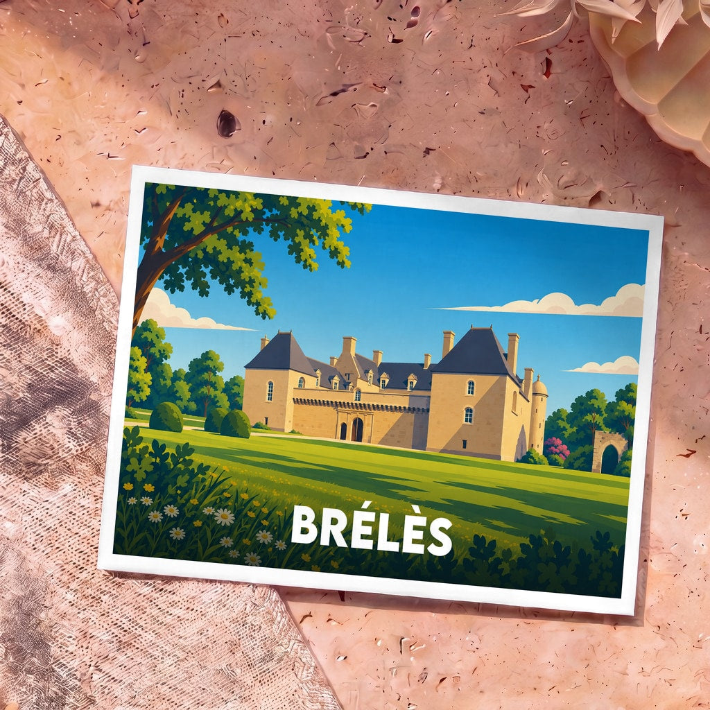 Carte postale souvenir de la ville de Brélès illustrant son château dans un style graphique et coloré.