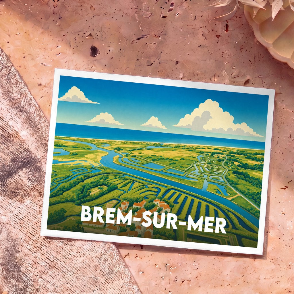 Carte postale souvenir de la ville de Brem-sur-Mer avec une illustration stylisée des marais et de l'océan.