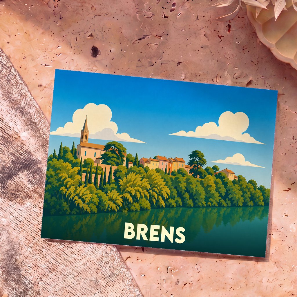 Carte postale souvenir de la ville de Brens avec une illustration stylisée d'un village en bord d'eau.