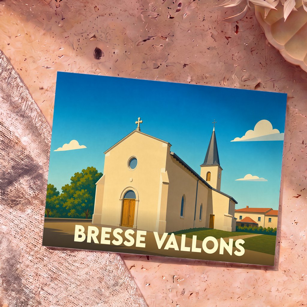 Carte postale souvenir de la commune de Bresse Vallons illustrant son église avec un style graphique épuré.