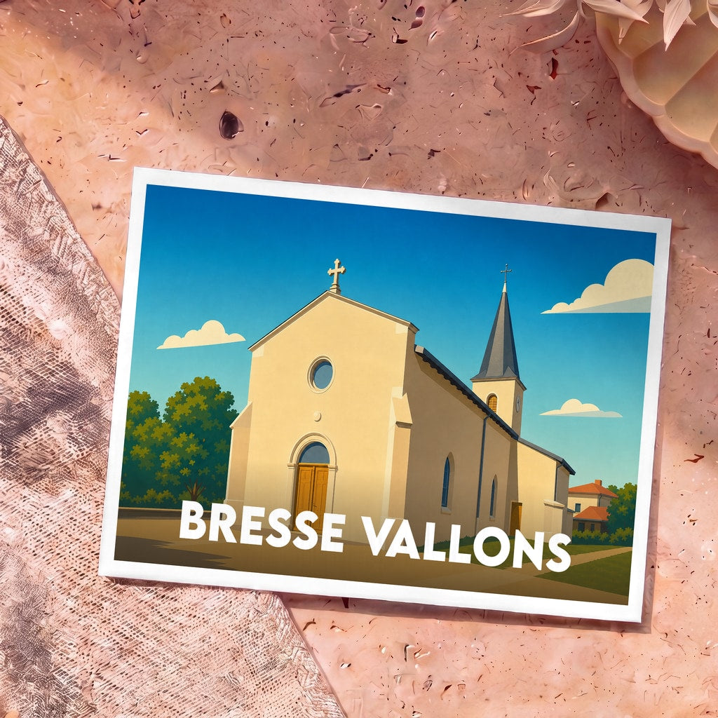 Carte postale souvenir de la commune de Bresse Vallons illustrant son église avec un style graphique épuré.