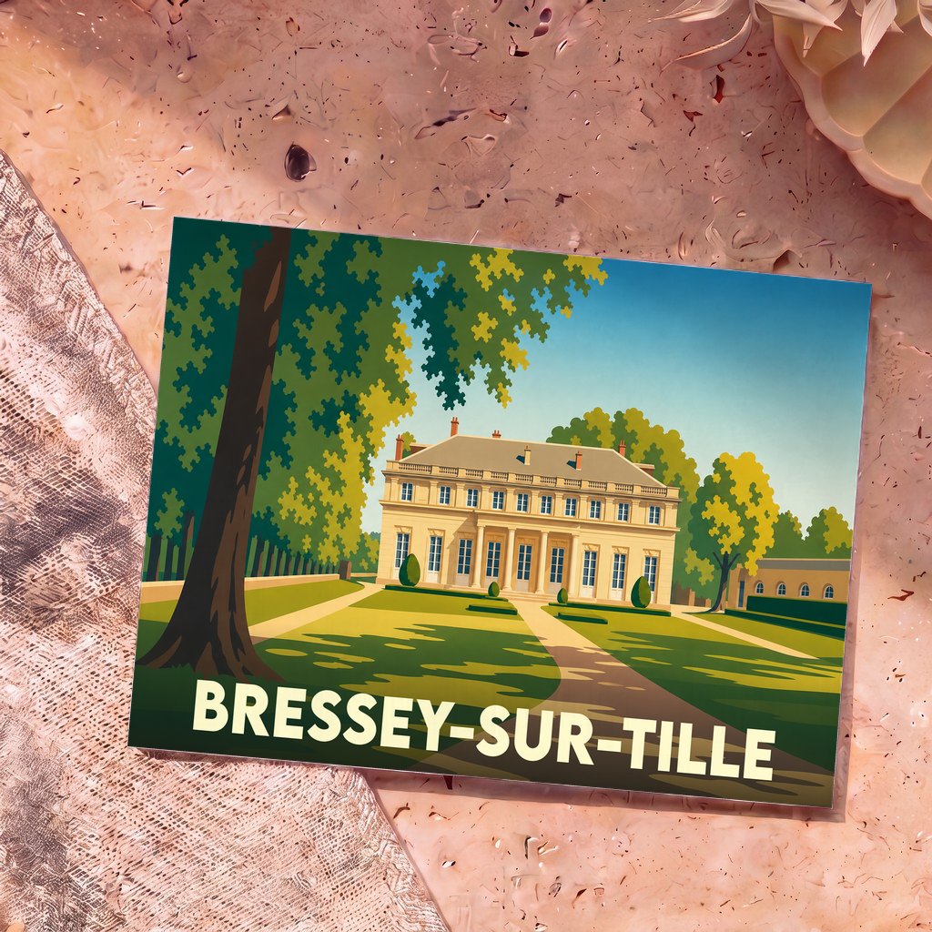 Carte postale souvenir de la ville de Bressey-sur-Tille avec une illustration stylisée d'un château.