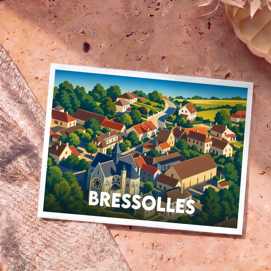 Carte postale souvenir de la ville de Bressolles illustrée d'une vue aérienne stylisée et colorée du village.