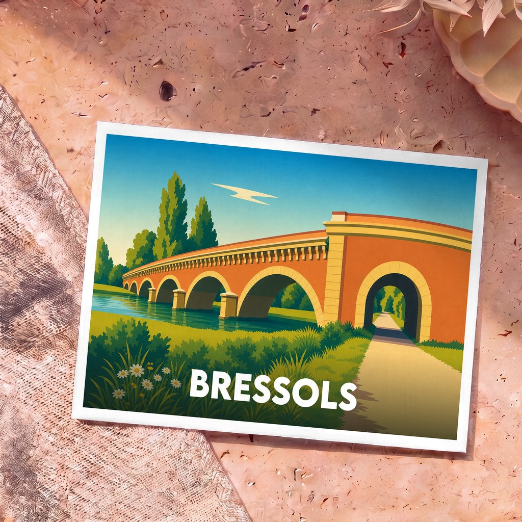 Carte postale souvenir de la ville de Bressols avec une illustration stylisée d'un pont en briques enjambant une rivière.