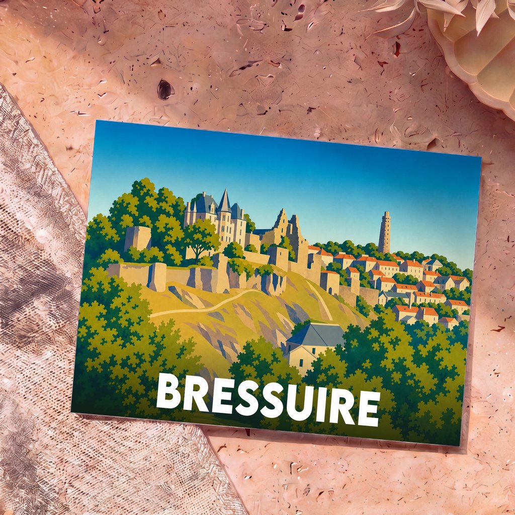 Carte postale souvenir de la ville de Bressuire avec une illustration stylisée de son château et de ses remparts.