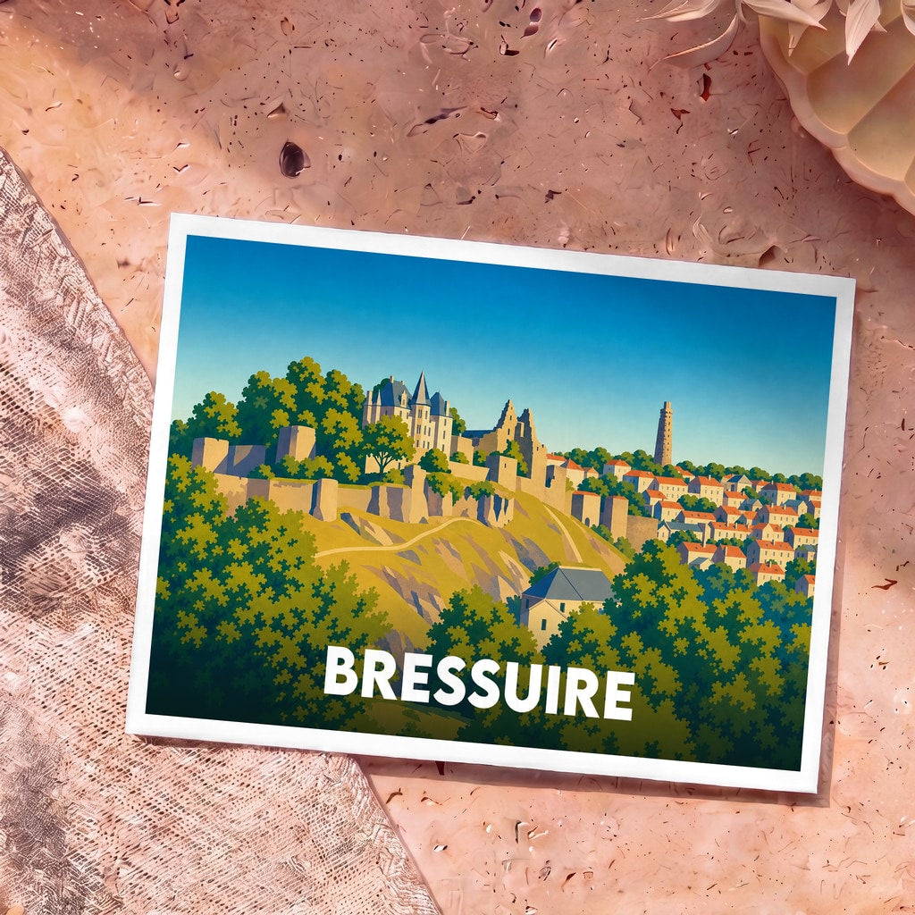 Carte postale souvenir de la ville de Bressuire avec une illustration stylisée de son château et de ses remparts.
