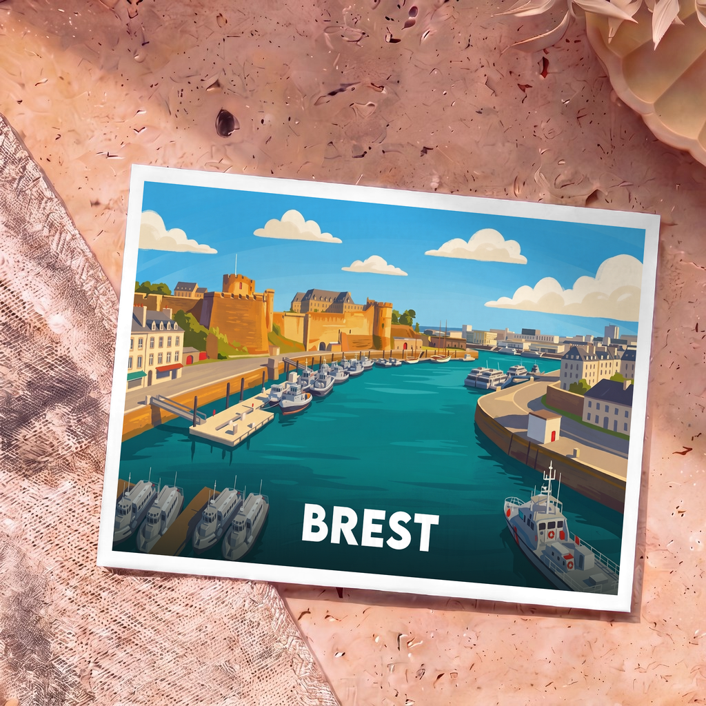 Carte postale souvenir de la ville de Brest avec une illustration stylisée de son château et de son port.