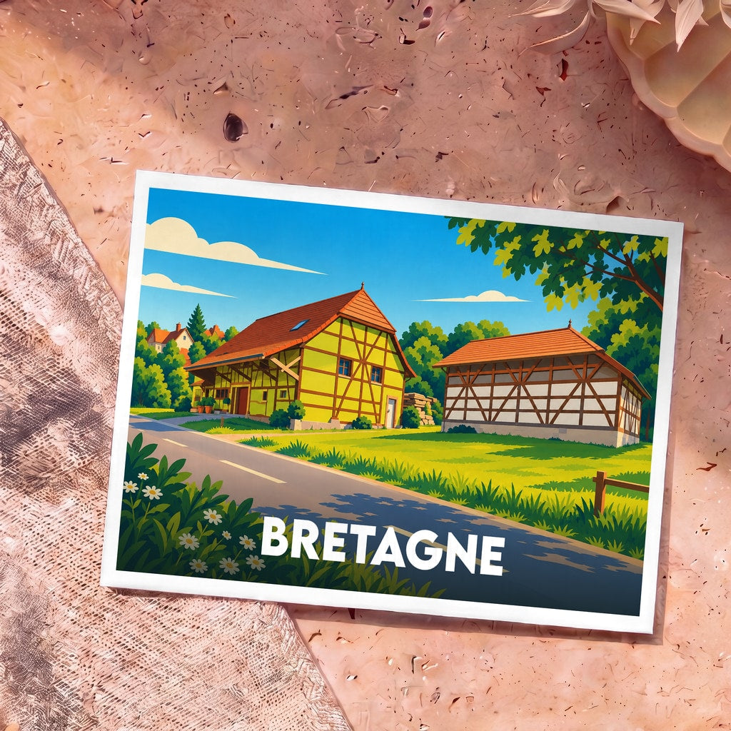 Carte postale souvenir de la région Bretagne avec une illustration stylisée de maisons à colombages.