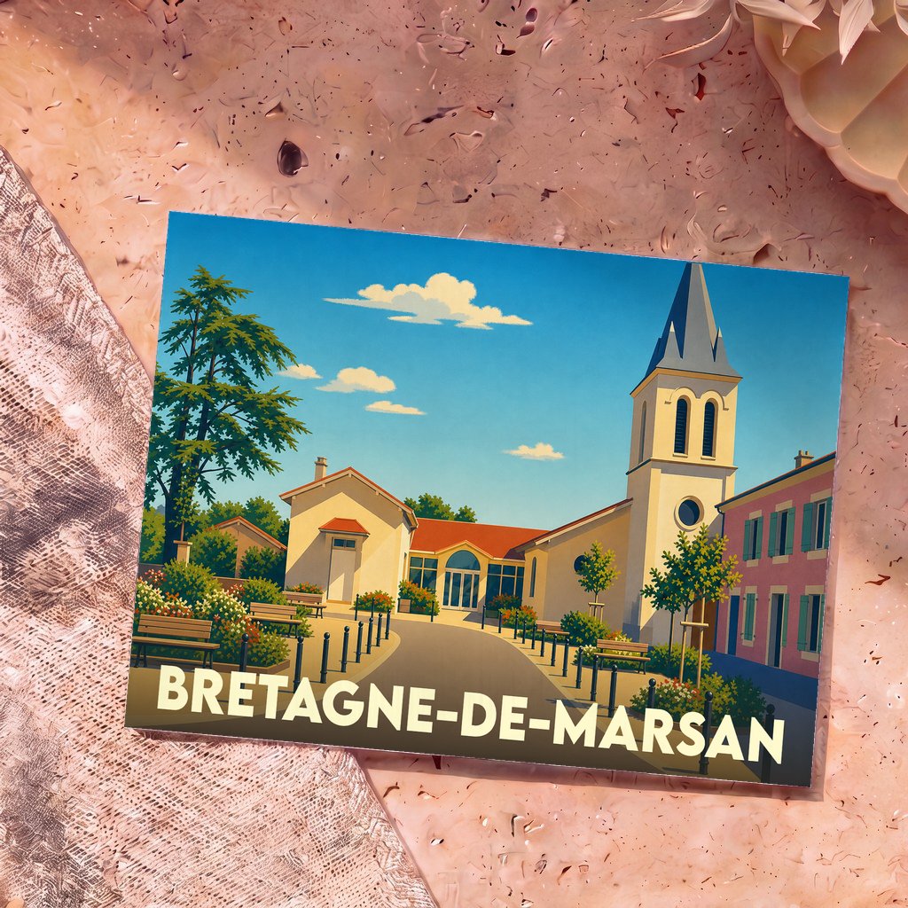 Carte postale souvenir de la ville de Bretagne-de-Marsan avec une illustration stylisée de son église et de son centre-bourg.