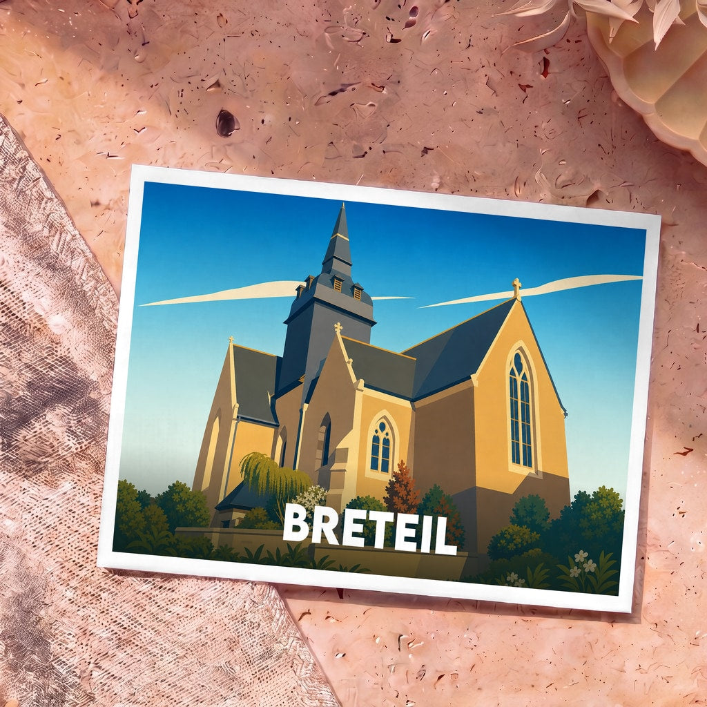 Carte postale souvenir de la ville de Breteil illustrant son église dans un style graphique épuré.
