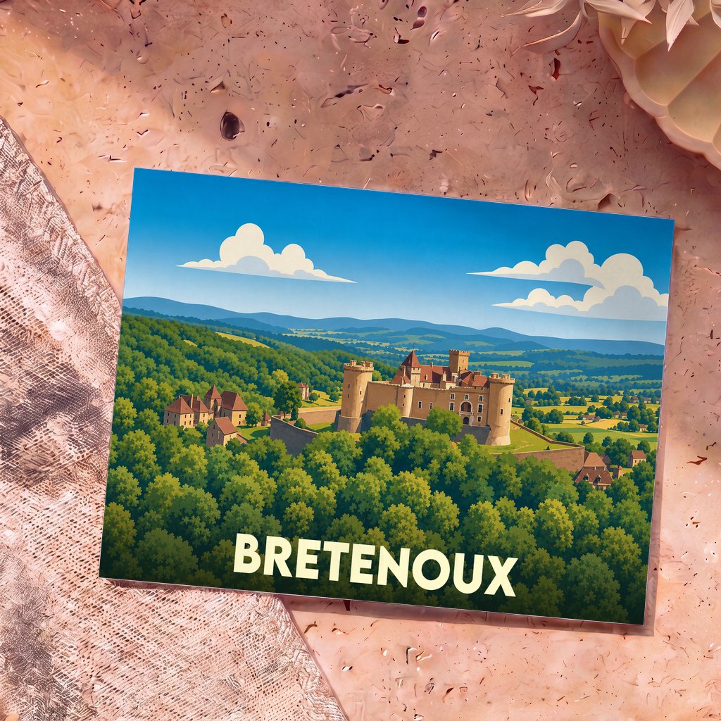 Carte postale souvenir de la ville de Bretenoux avec une illustration stylisée de son château surplombant une vallée verdoyante.