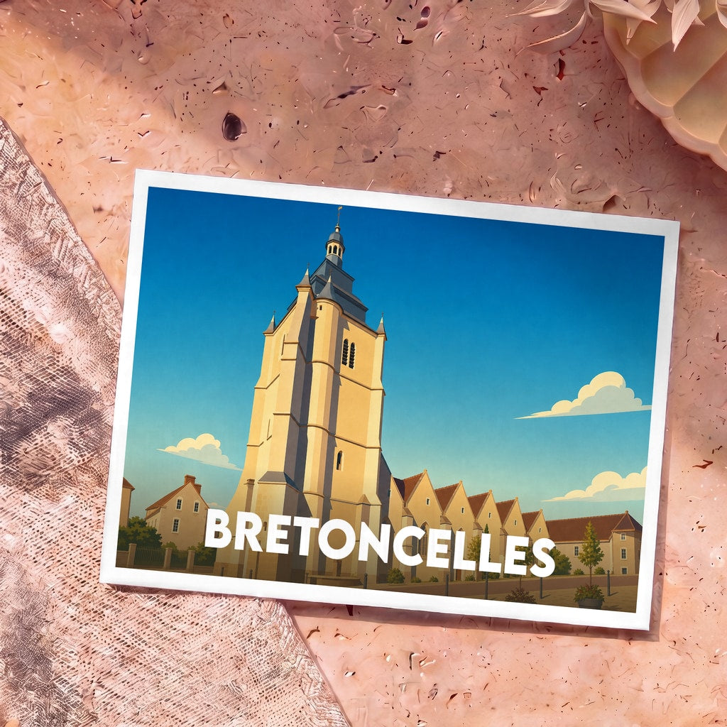 Carte postale souvenir de la ville de Bretoncelles avec une illustration stylisée de son église.
