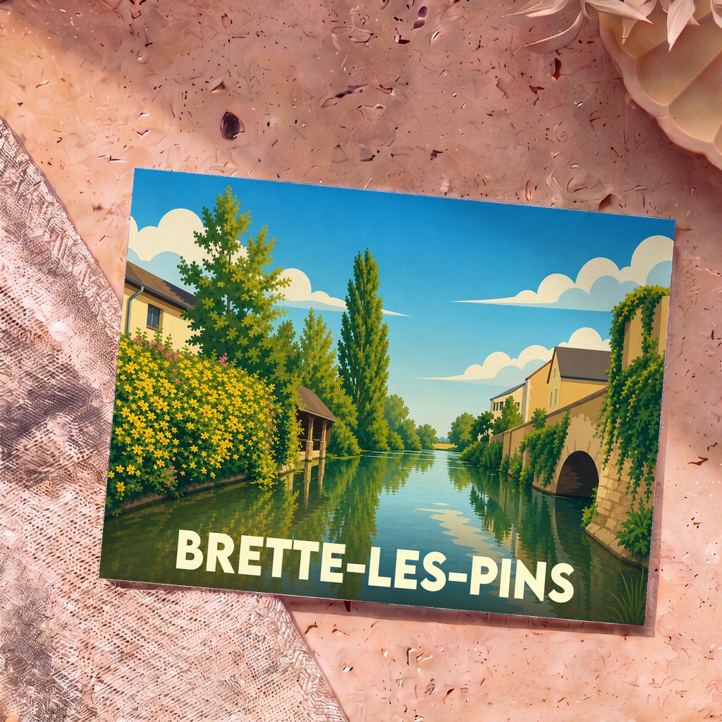 Carte postale souvenir de la ville de Brette-les-Pins illustrant un paysage fluvial paisible au style graphique épuré.