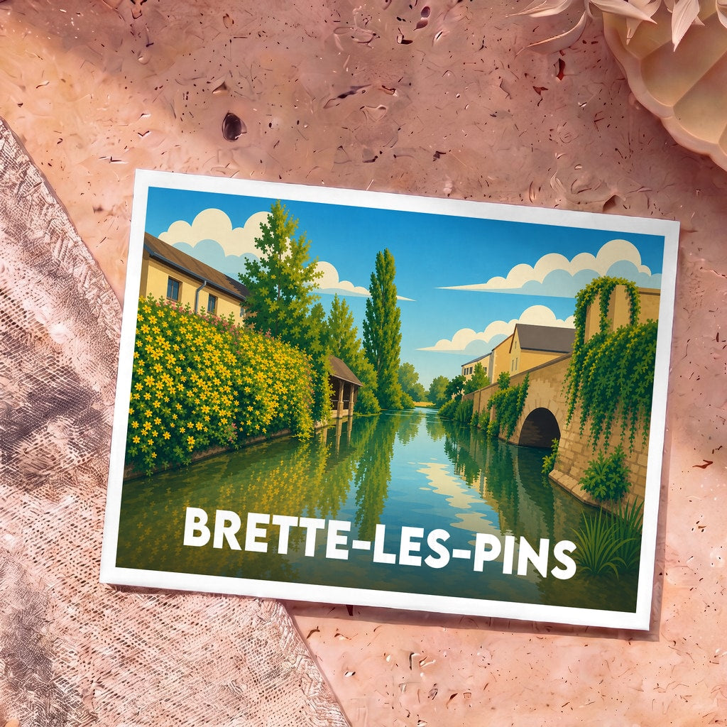 Carte postale souvenir de la ville de Brette-les-Pins illustrant un paysage fluvial paisible au style graphique épuré.