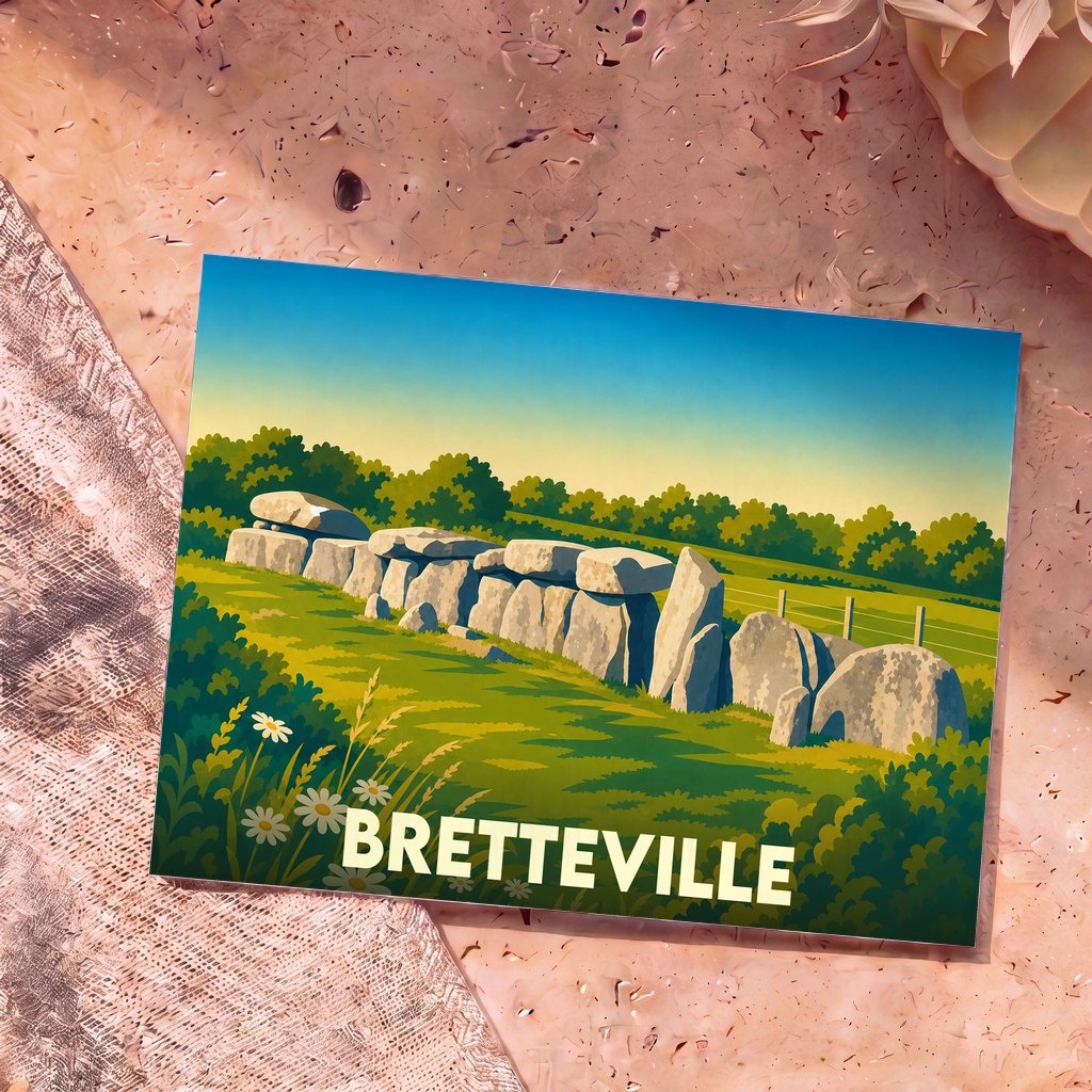 Carte postale souvenir de la ville de Bretteville illustrant une allée couverte mégalithique dans un style graphique épuré.