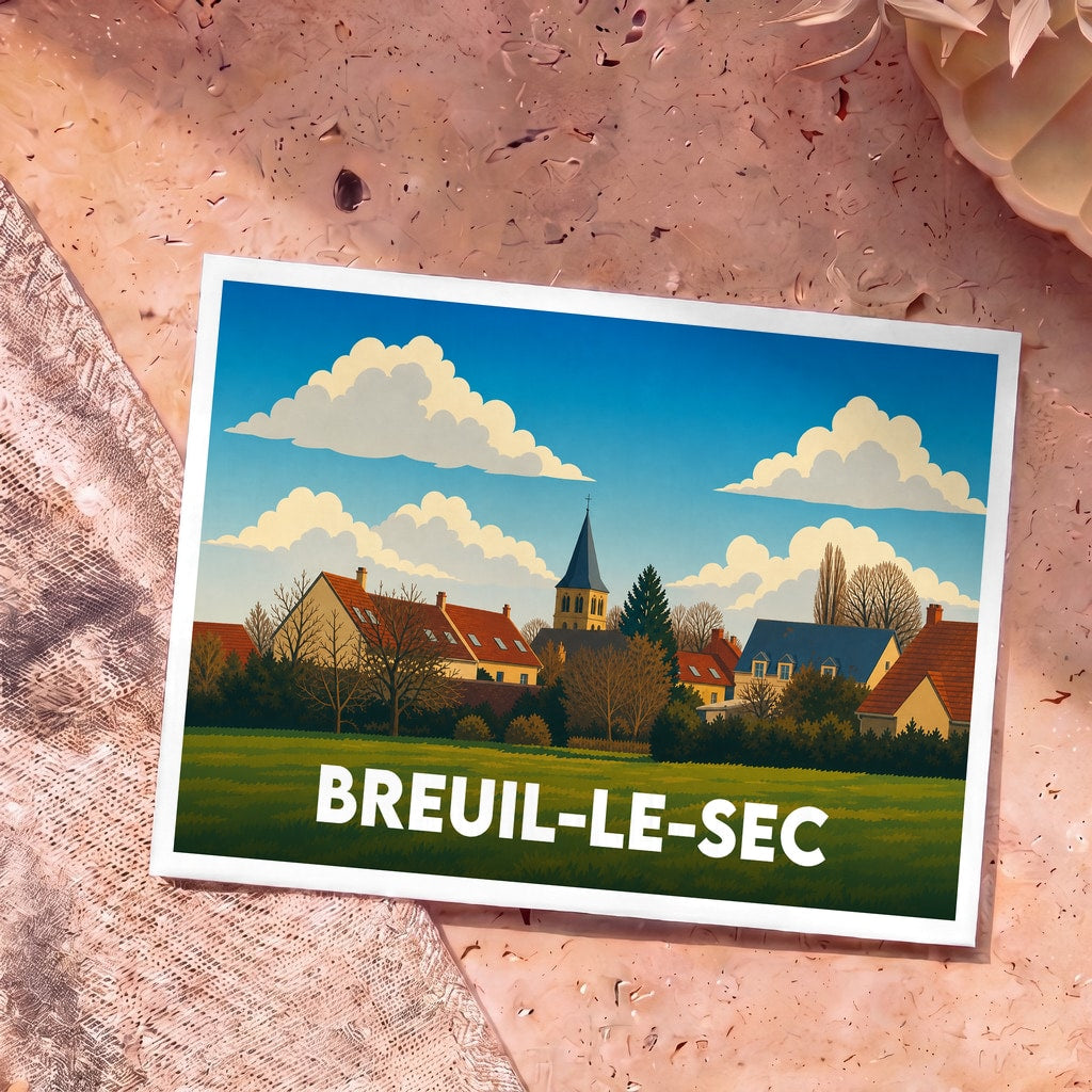 Carte postale souvenir de la ville de Breuil-le-Sec avec une illustration stylisée de ses maisons et de son église.