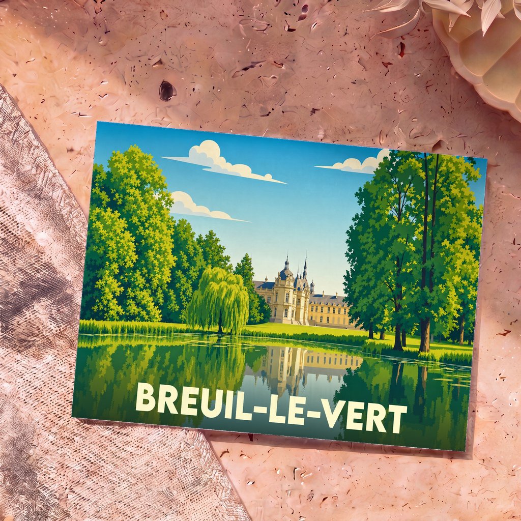 Carte postale souvenir de la ville de Breuil-le-Vert avec une illustration stylisée d'un château se reflétant dans l'eau.