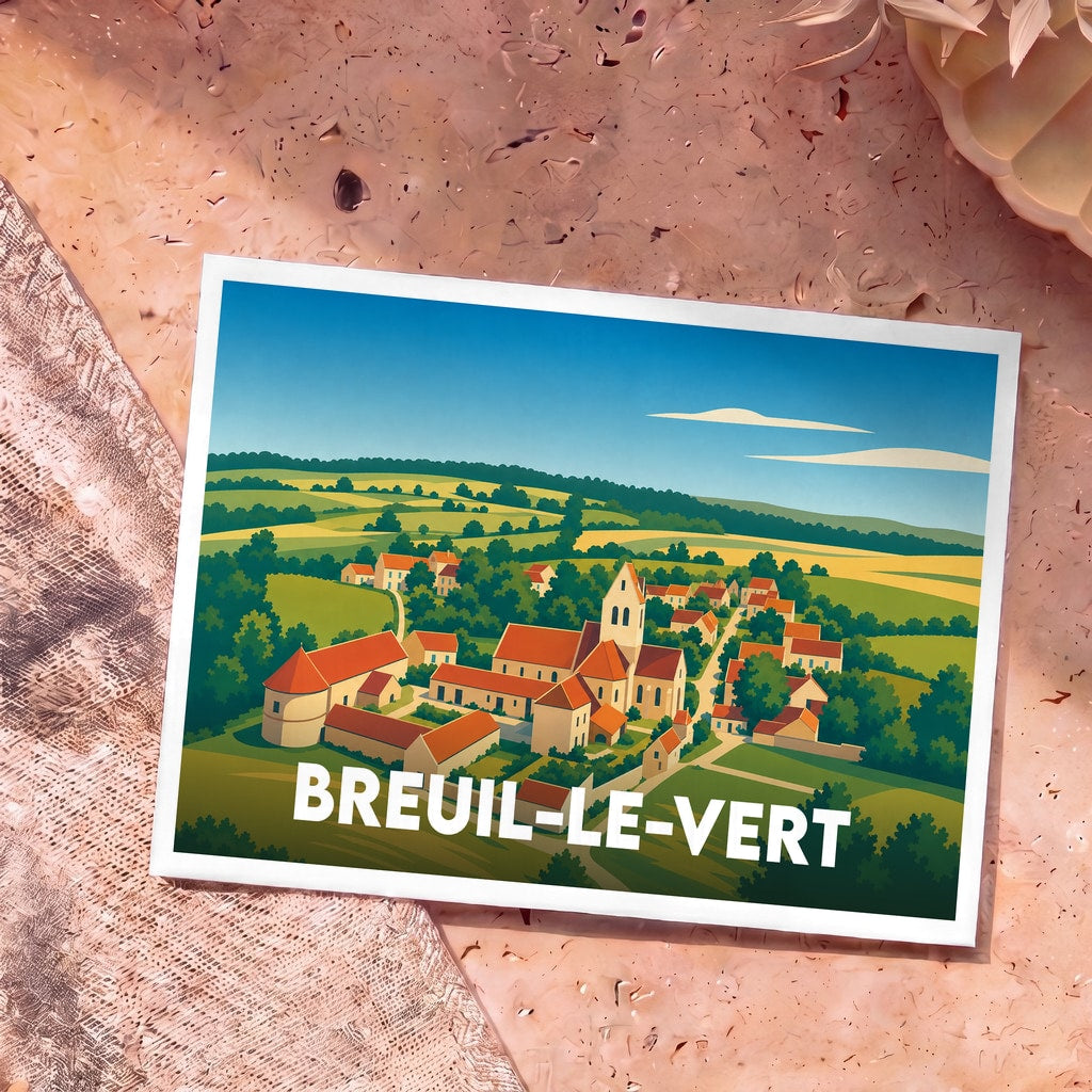 Carte postale souvenir de Breuil-le-Vert avec une illustration stylisée et colorée du village.