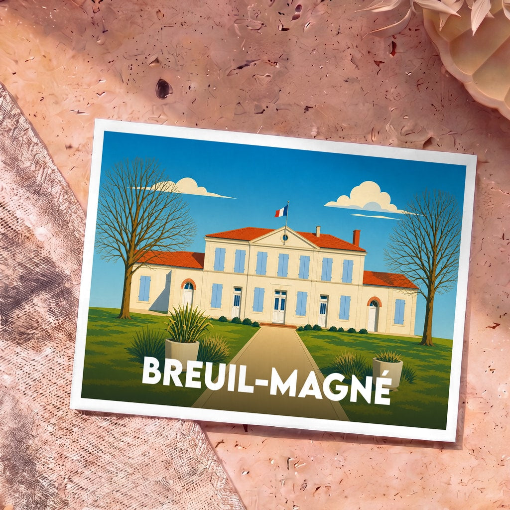 Carte postale souvenir de la ville de Breuil-Magné avec une illustration stylisée de sa mairie.