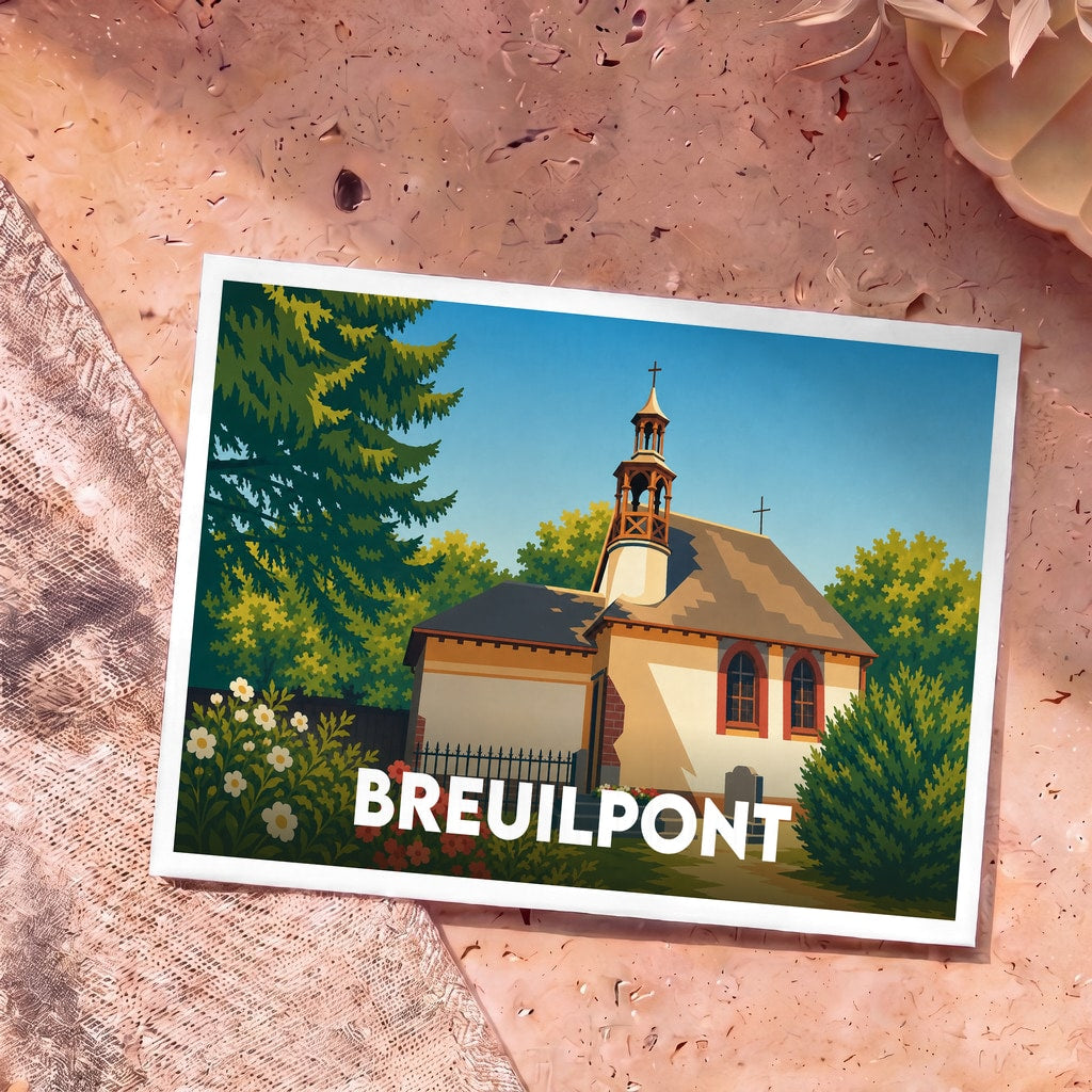 Carte postale souvenir de la ville de Breuilpont avec une illustration stylisée de son église.