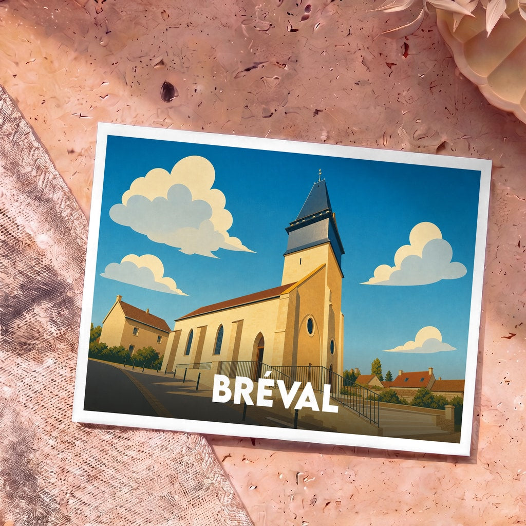 Carte postale souvenir de la ville de Bréval illustrant son église dans un style graphique épuré.