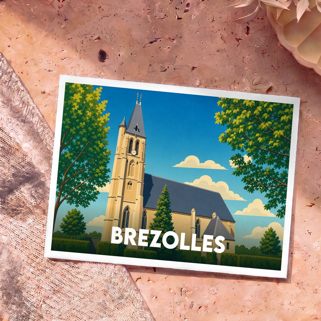 Carte postale souvenir de la ville de Brezolles avec une illustration stylisée de son église.