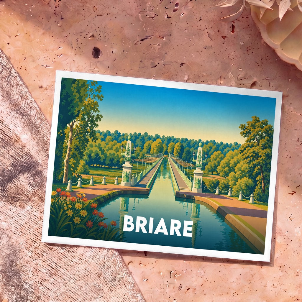 Carte postale souvenir de la ville de Briare représentant son célèbre pont-canal dans un style illustré.