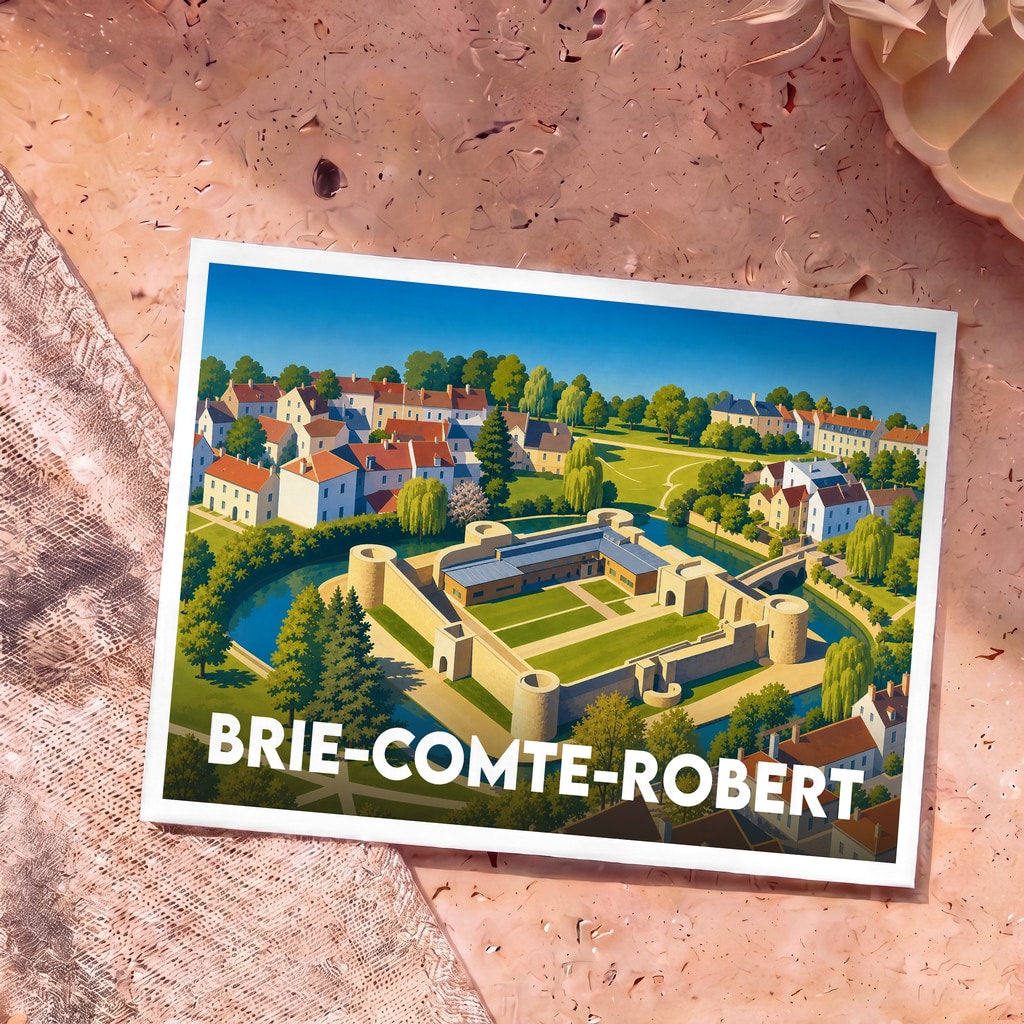 Carte postale souvenir de la ville de Brie-Comte-Robert avec une illustration stylisée de son château médiéval.