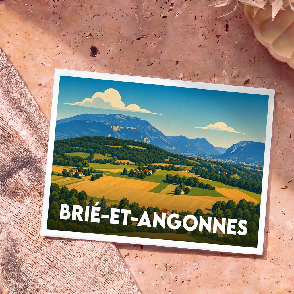 Carte postale souvenir de la ville de Brié-et-Angonnes avec une illustration stylisée de son paysage vallonné.