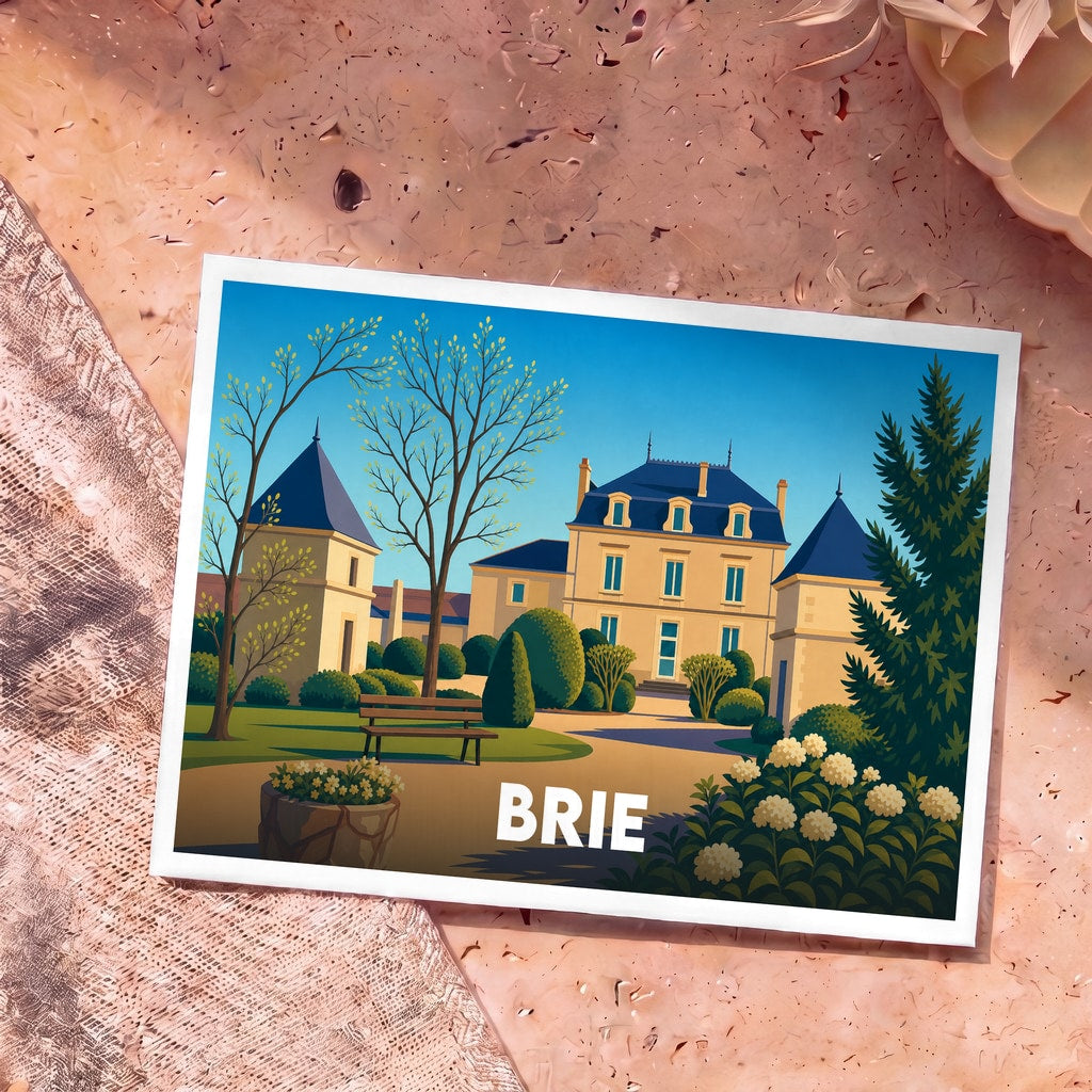 Carte postale souvenir de la ville de Brie illustrant un château stylisé dans un jardin.