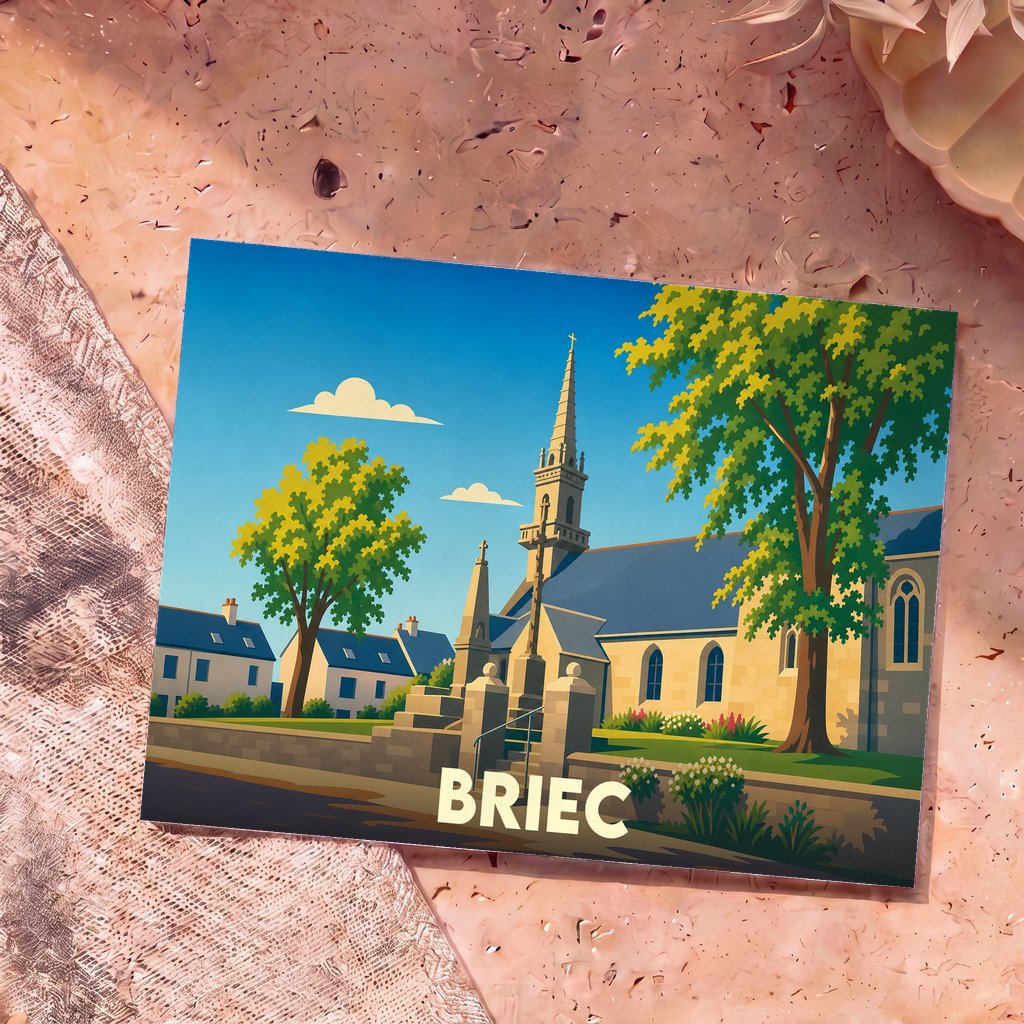 Carte postale souvenir de la ville de Briec avec une illustration stylisée de son église sous un ciel bleu.