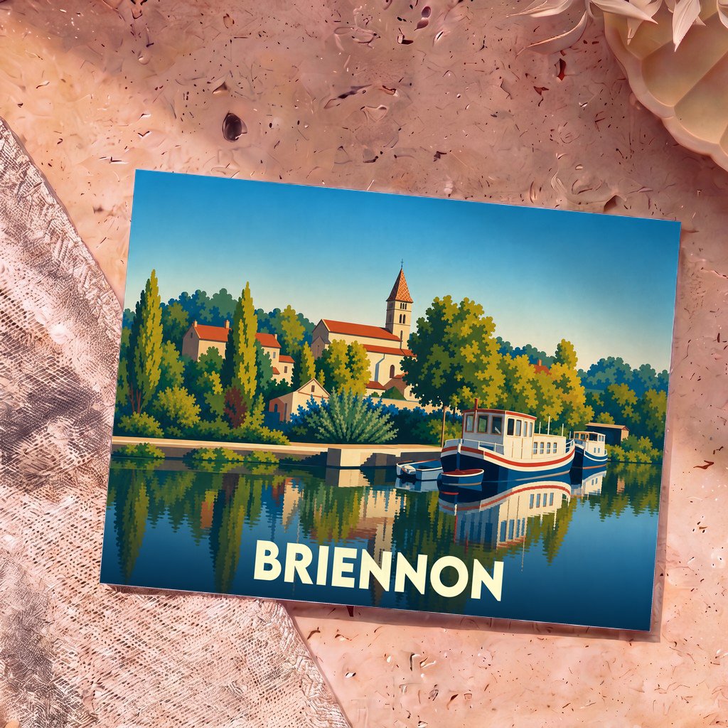 Carte postale souvenir de la ville de Briennon avec une illustration stylisée montrant le port et l'église.