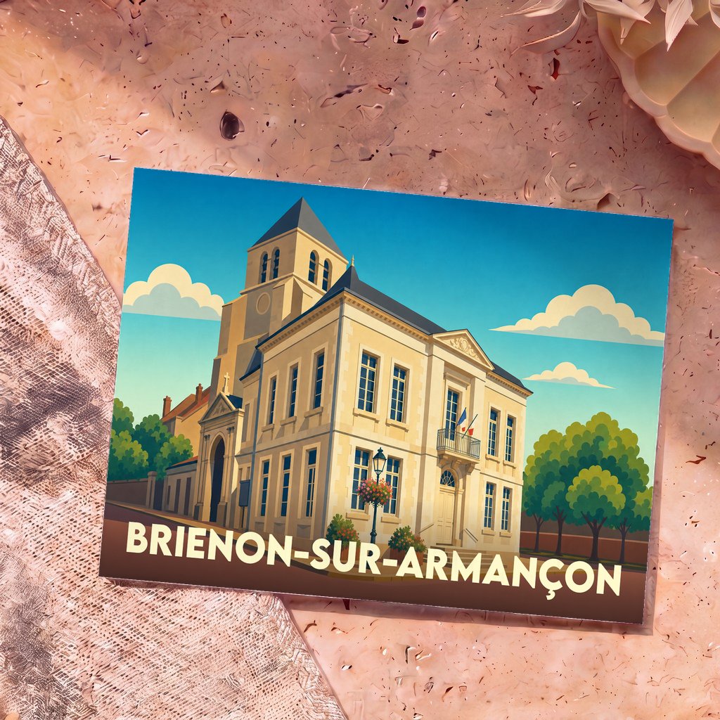 Carte postale souvenir de la ville de Brienon-sur-Armançon avec une illustration stylisée de son hôtel de ville et de l'église.